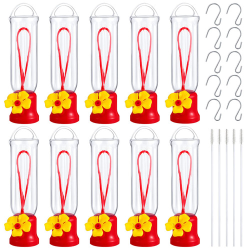 Sunnyray 10 Pack Small Hummingbird Feeder Set Feeder Hummingbird Feeders for Outdoors Hanging with 10 S Hook 5 Cleaning Brush 10 Mini Plastic Hummingbird Feeders for Outdoors Window Hanging