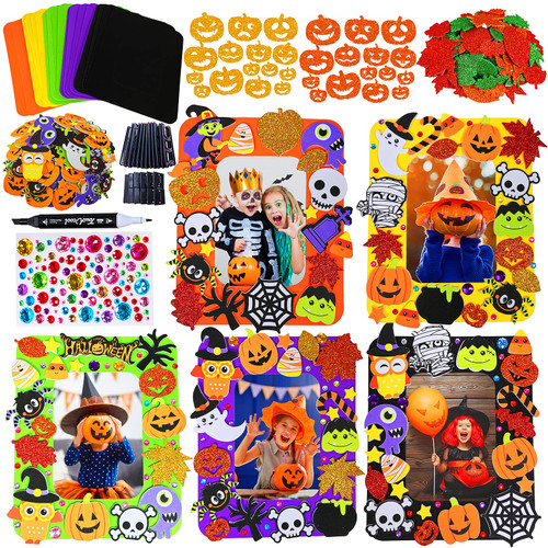 Winlyn 12 Sets Halloween Craft Kits Fall Kids Crafts DIY Halloween Picture Frame Decorations Art Sets Pumpkin Ghost Monster Foam Stickers Arts and Crafts for Kids Halloween Classroom Party Activities
