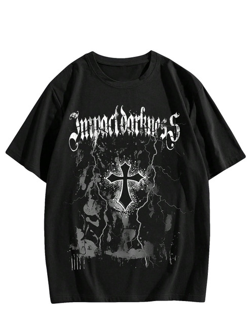 WDIRARA Men's Letter Graphic Print Round Neck Short Sleeve T Shirt Streetwear Tee Casual Tops Black M