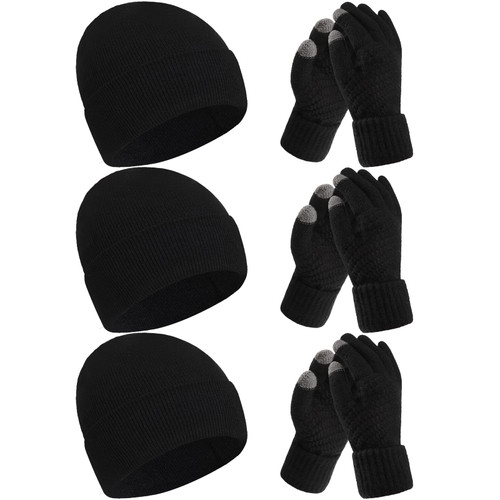 SATINIOR 6 Pieces Winter Beanie Hat Gloves Set, Knit Hat Touchscreen Gloves Soft Skull Cap Set for Women Men(Black) SATINIOR 6 Pieces Winter Beanie Hat Gloves Set, Knit Hat Touchscreen Gloves Soft Skull Cap Set for Women Men(Black)