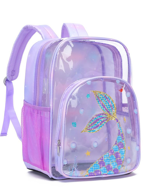 BLUEFAIRY Mermaid Backpack for Girls Clear Backpack Stadium Approved Heavy Duty Large Transparent Bag for Kids Cute Purple Book Bags See through Bags for Travel Concert School Gifts Mochila Clara