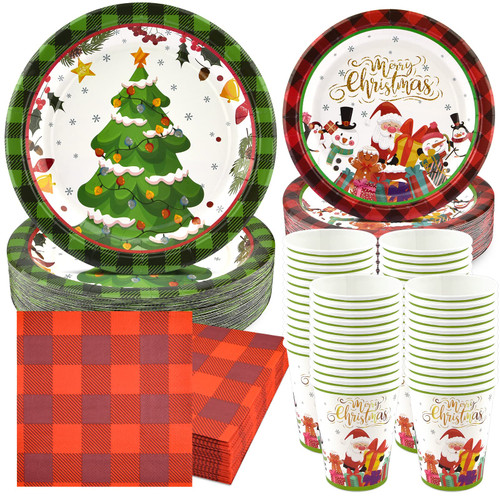EPHYO 200PCS Christmas Paper Plates and Napkins Cups Buffalo Plaid Santa Xmas Tree Disposable Dinner Dessert 9in and 7in Plates Napkins Dinnerware Set Christmas Decoration Party Supplies
