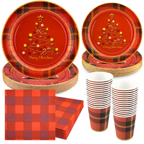 120PCS Christmas Paper Plates and Napkins Cups Serve 30 Disposable Dinnerware Party Supplies Heavy Duty Dinner Plates for Dessert Cake Salad Luncheon Napkins Beverage Cups Dinnerware Buffalo Plaid