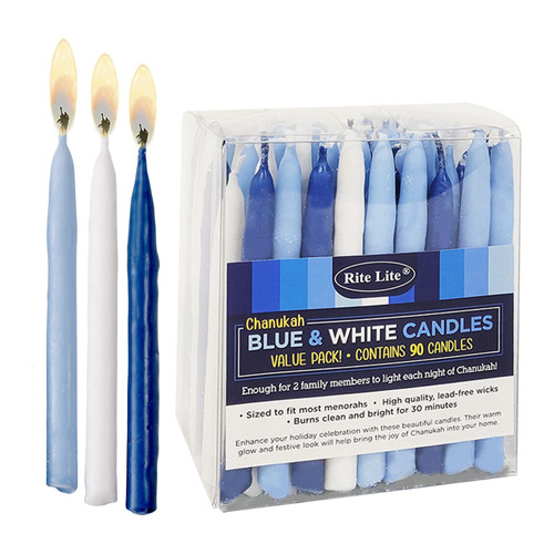 Rite Lite Chanukah Value Pack of 90 Decorative Blue & White Chanukah Candles - 90 Pack Hanukkah Candles