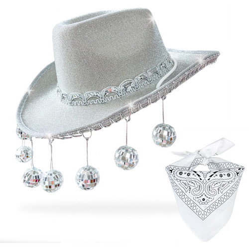 Pink Disco Cowgirl Hat with Bandana,Glitter Rhinestone Disco Ball Cowboy Hat for Women Men Costume Cosplay (Silver) Pink Disco Cowgirl Hat with Bandana,Glitter Rhinestone Disco Ball Cowboy Hat for Women Men Costume Cosplay (Silver)