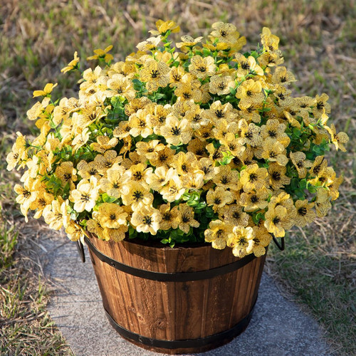 HyeFlora Artificial Faux Outdoor Plants Flowers, 12 Bundles Fake Yellow Silk Daisy with Eucalyptus for Planter Pot UV Resistant Realistic for Outside Porch Home Patio Garden Decoration