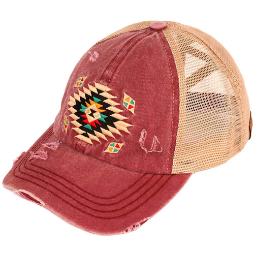 C.C Ponytail Criss Cross Messy Buns Ponycaps Baseball Cap Dad Trucker Mesh Hat (Distressed Aztec Berry)