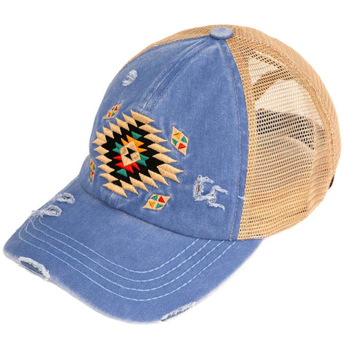 C.C Ponytail Criss Cross Messy Buns Ponycaps Baseball Cap Dad Trucker Mesh Hat (Distressed Aztec Blue Moon)