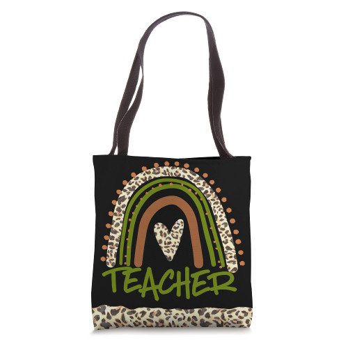 Teacher Teach Cute Rainbow Leopard Cheetah Print Fall Colors Tote Bag