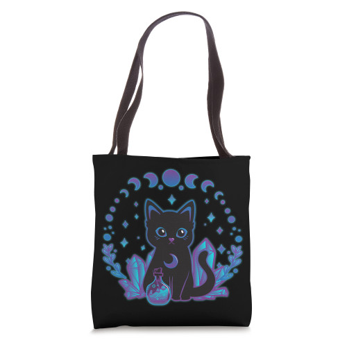 Cute Witchy Black Cat Crystal Alchemy Kawaii Pastel Goth Tote Bag
