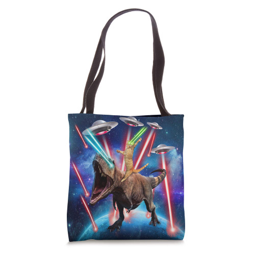 Space Cat Riding Dinosaur Trex Laser Eyes UFO Funny Cat Tote Bag