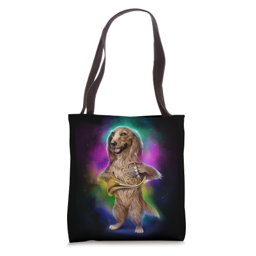 Dachshund Dog Play French Horn in Galaxy Rainbow Space Tote Bag