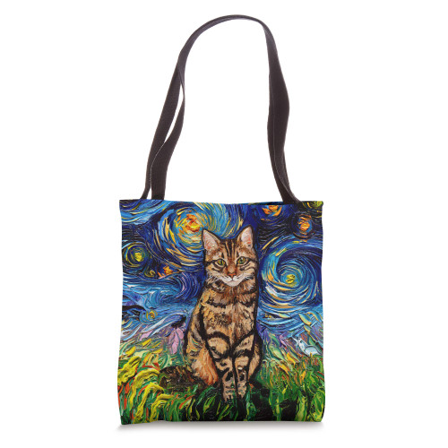 Brown Tabby Cat Starry Night Impressionist Animal Art by Aja Tote Bag