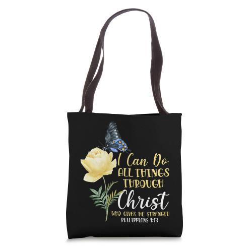 Christian Bible Verse Butterfly Flower Philippians 4:13 Tote Bag