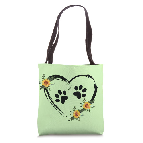 Sunflower Dog Heart With Paw Prints Dog Mom On Green Tote Bag