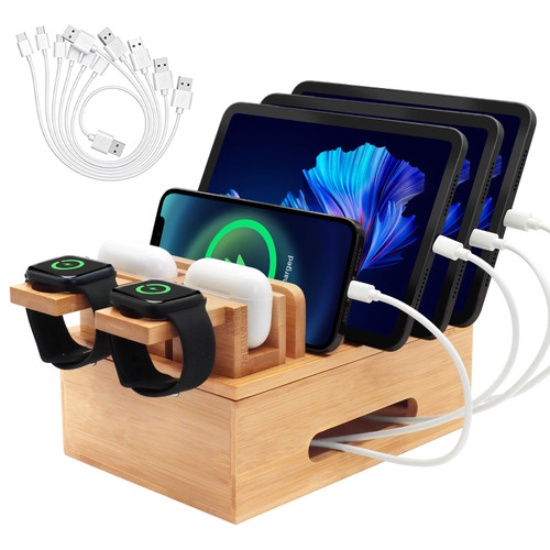 Myndekly Bamboo Charging Stations for Multi Devices, 8-in-1 Desktop Docking Station Charger Organizer for Cell Phones, Tablets, AirPods, iWatch with 6 Charging Cables Included (No Power Supply)