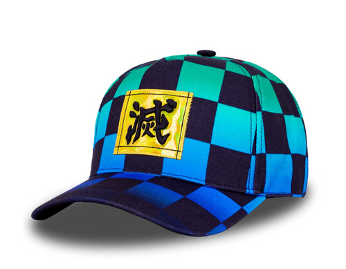 Roffatide Anime Demon Slayer Kamado Tanjirou Baseball Cap Adjustable Embroidered Cotton Dad Golf Hat Gradient Green Plaid Baseball Hat