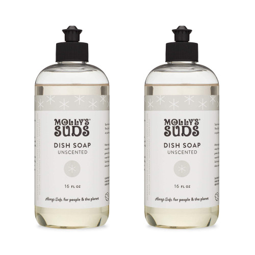 Molly's Suds Natural Liquid Dish Soap | Long-Lasting, Powerful Plant-Powered Ingedients | Unscented, Fragrance Free | 16 oz - 2 Pack | Great Holiday, Christmas Gift