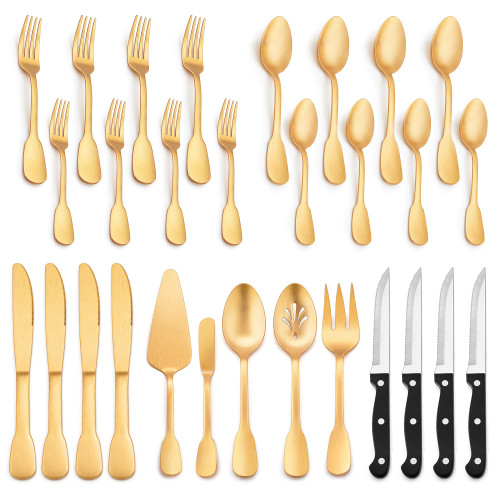 LIANYU 29-Piece Matte Gold Silverware Flatware Set, Plus Steak Knives and Serving Utensils, Stainless Steel Flatware Cutlery Set for 4, Eating Utensils Tableware, Satin Finish, Dishwasher Safe