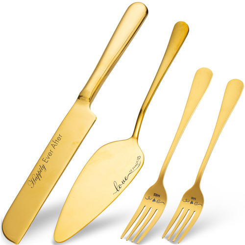 Wedding Cake Knife and Server Set with Forks, Engraved Cake Cutting Set for Wedding Anniversary Christmas Engagement?Gold