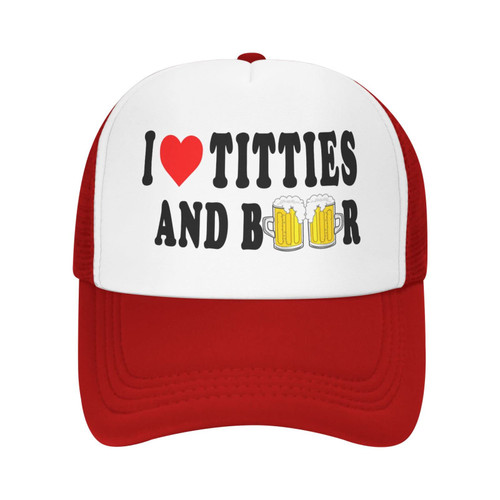 NVJUI JUFOPL Funny Trucker Hat, I Heart Titties and Beer - Adjustable Mesh Baseball Cap for Men & Women Red