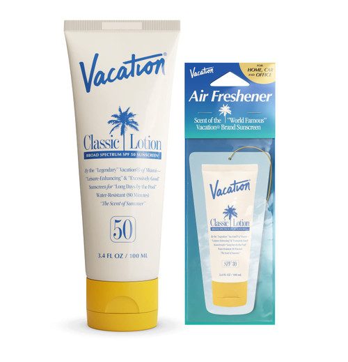 Vacation Classic Sunscreen Lotion SPF 50 + Air Freshener Bundle, Water Resistant Broad Spectrum Sunscreen Sun Block, Vegan Sun Tanning Lotion, Body Lotion with SPF, SPF 30 Sunscreen, 3.4 Fl. Oz. Vacation Classic Sunscreen Lotion SPF 50 + Air Freshener Bundle, Water Resistant Broad Spectrum Sunscreen Sun Block, Vegan Sun Tanning Lotion, Body Lotion with SPF, SPF 30 Sunscreen, 3.4 Fl. Oz.