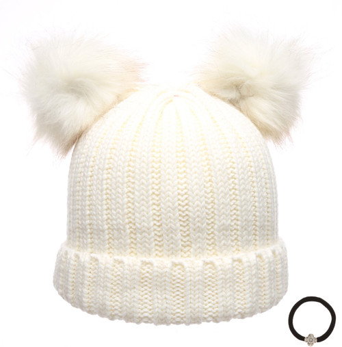 Epoch Women's Winter Chunky Knit Double Pom Pom Beanie Hat with Hair Tie. (Off White)