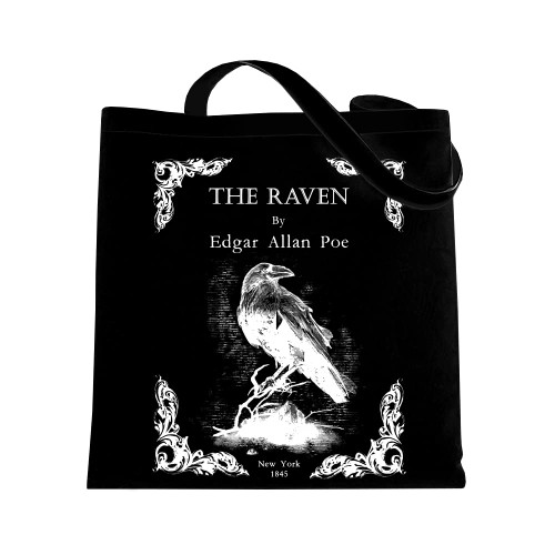 Universal Zone The Raven by Edgar Allan Poe tote bag. Black tote bag with The Raven book design. Book Bag. Library bag. Black Bag. Edgar Allan Poe Gift Universal Zone The Raven by Edgar Allan Poe tote bag. Black tote bag with The Raven book design. Book Bag. Library bag. Black Bag. Edgar Allan Poe Gift