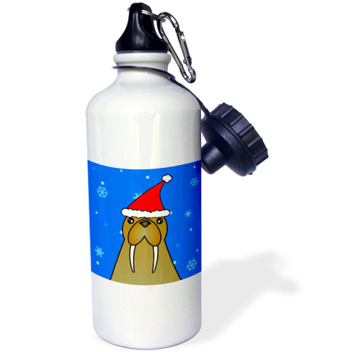 3dRose "Cute Walrus Santa Hat and Snowflakes" Sports Water Bottle, 21 oz, White