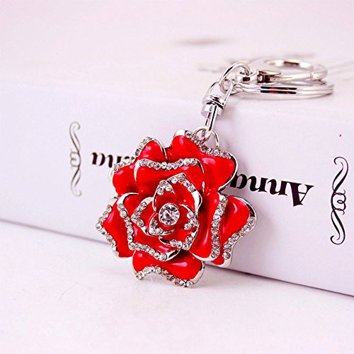 Reizteko Blossoming Rose Keychain Sparkling Flower Keyring Crystal Rhinestones Purse Pendant Handbag Charm (Red)