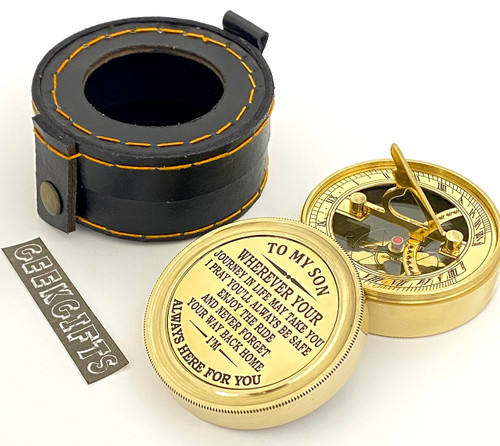 Brass Sundial Compass with Leather Box - to My Son - Engraved Sundial Compass - Brass Compass - Pocket Sundial - Gift for Son