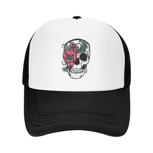 Sugar Skull Flower Adult Trucker Hat Funny Adjustable Baseball Cap Breathable Unisex Dad Hat Black