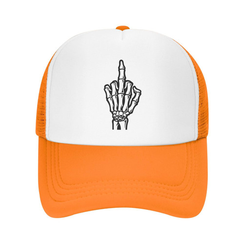 Skeleton Hand Shows Adult Trucker Hat Funny Adjustable Baseball Cap Breathable Unisex Dad Hat Orange