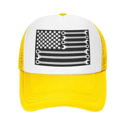 CLEY Mechanic Car American Flag Adult Trucker Hat Funny Adjustable Baseball Cap Breathable Unisex Dad Hat Yellow