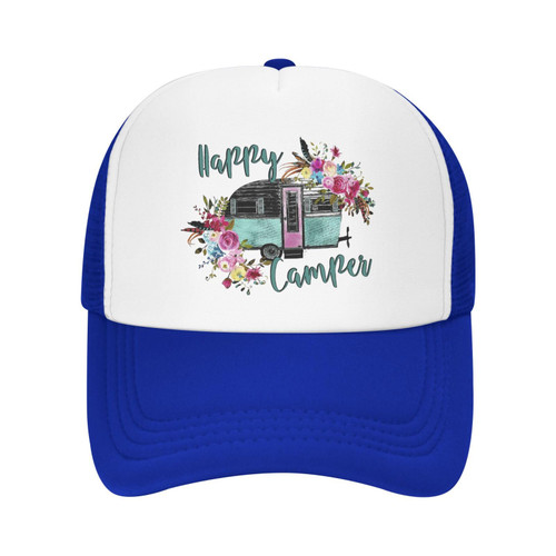 Happy Camper Adult Trucker Hat Funny Adjustable Baseball Cap Breathable Unisex Dad Hat Blue