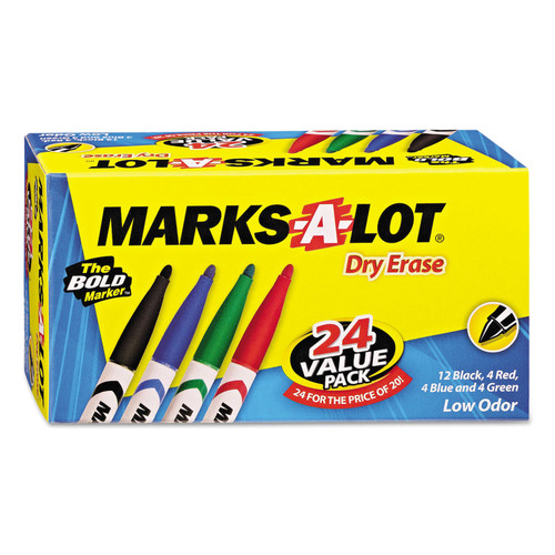 Marks-a-lot 29860 Pen Style Dry Erase Markers, Bullet Tip, Assorted, 24/Pack