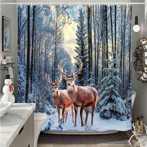 MERCHR Winter Snow Forest Shower Curtain, Christmas Pine Tree Deer Snowflake Shower Curtain for Bathroom, Xmas Holiday Decor Rustic Farmhouse Waterproof Fabric Set with Hooks, 71 x 71 Inch