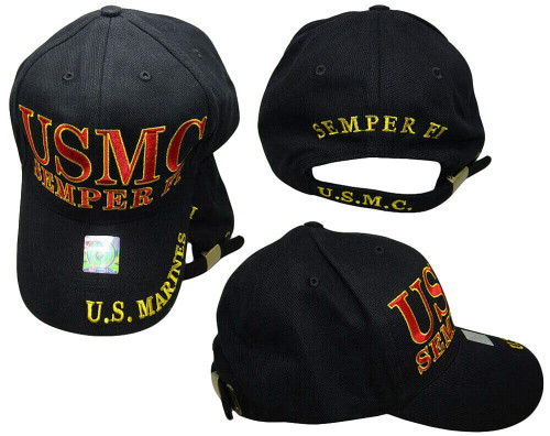 USMC Semper Fi United States US Marines Black Adjustable Embroidered Cotton Hat Cap - Officially Licensed