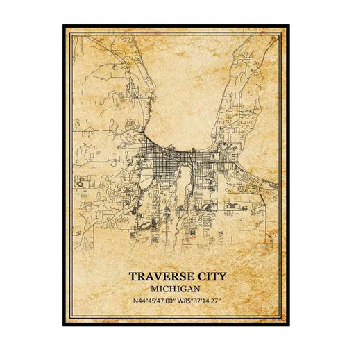 TANOKCRS Traverse City Michigan USA America Vintage Map Poster Artwork Wall Art City Road Map Print Travel Souvenir Gift Home Decor Unframed