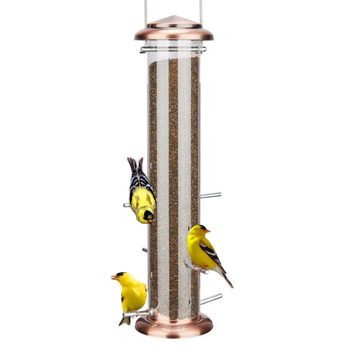 Kingsyard Nyjer & Thistle Bird Feeder, Metal Tube Finch Bird Feeders for Outdoor Hanging, 2 lbs Seed Capacity, Chew-Proof, Easy to Refill & Clean, Antique Copper