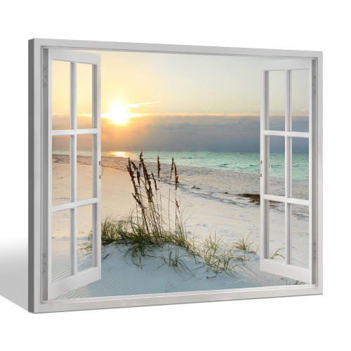 Beach Window Canvas Wall art: tropical Sunrise Seascape Picture Coastal Ocean Painting Open Window Artwork Print for Bathroom Decor(12x16)