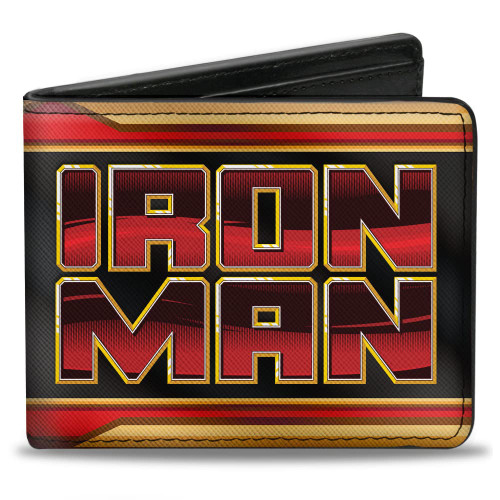 Buckle-Down Men's Marvel Comics Wallet, Bifold, Iron Man Text Arc Reactor Black Golds Reds Blues, Vegan Leather, 4.0" x 3.5"
