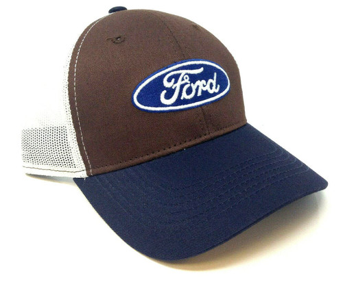 Ford Oval Script Logo Brown, Navy Blue & White Mesh Trucker Curved Bill Adjustable Snapback Hat