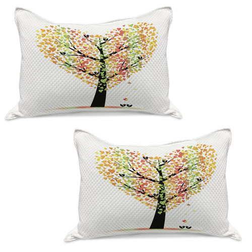 Lunarable Tree of Life Quilted Pillowcover Set of 2, Heart Shaped Valentine Tree with Kissing Love Birds Floral Leaf Nature, Standard Queen Size Pillow Sham for Bedroom, 30" x 20", Multicolor