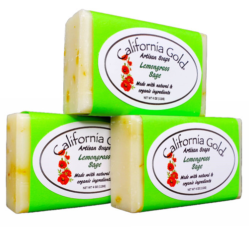 California Gold Artisan Soaps Lemongrass Sage Bar Soap with Spearmint and Calendula 3-4oz. Bars (12 oz.) California Gold Artisan Soaps Lemongrass Sage Bar Soap with Spearmint and Calendula 3-4oz. Bars (12 oz.)