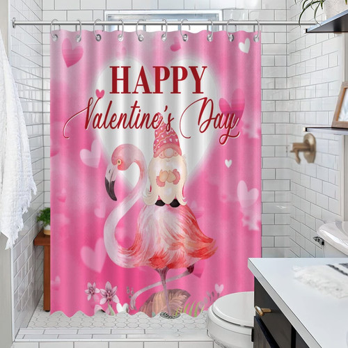 Flamingo Gnome Valentine's Day Bathroom Shower Curtain Sets Elf Gnome Love Romantic Gift Shower Curtains Home Bathroom Decorations Polyester Fabric Solid Shower Curtain for Bathroom with Hooks 47x72