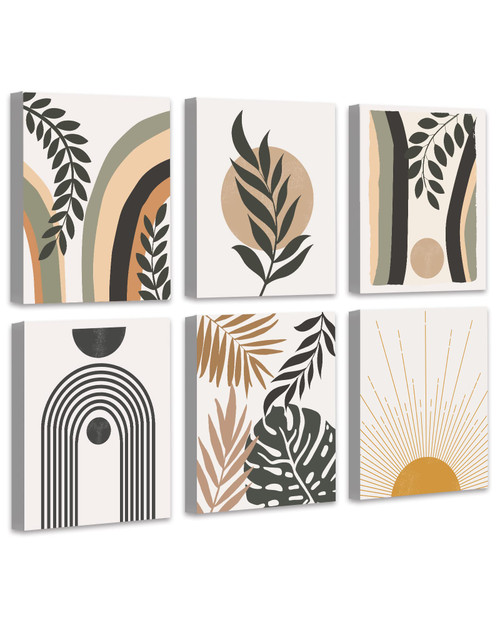 Boho Wall Art Minimalist Wall Art Boho Room Decor Mid Century Modern Framed Canvas Wall Art Abstract Boho Wall Decor Bohemian Moon Phases Wall Painting For Living Room Bedroom Kitchen Office Home Decor Set of 6, 8x10in (Framed)