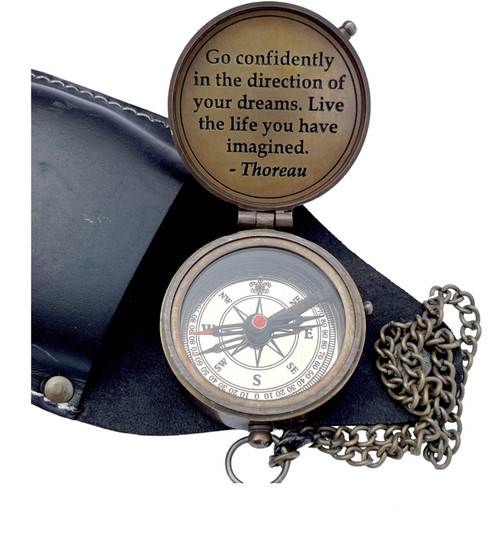 Go Confidently Brass Pocket Compass with Leather Case for Hiking Camping Vintage Nautical Compass Antique Compass Brass Compass Gift for Him Push Pocket Compass