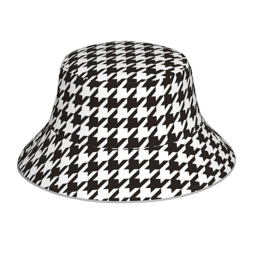 Kuilepa Houndstooth Black and White Bucket Hat for Women Men Packable Travel Beach Sun Hat Outdoor Rave Accessories Reflective Fisherman Cap