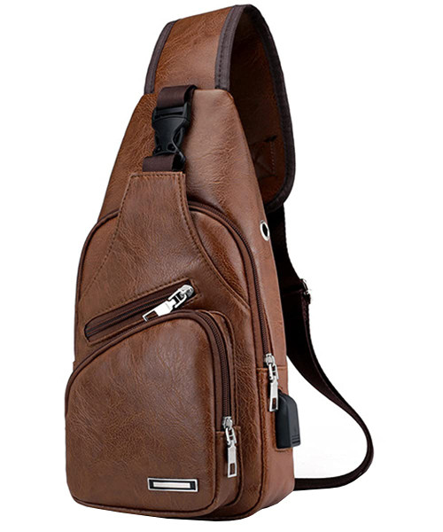 RainboSee Men's Sling Bag Small Chest Shoulder Bag Crossbody Backpack Hiking Multipurpose Messenger Multipurpose Daypack with USB Charging Port Brown